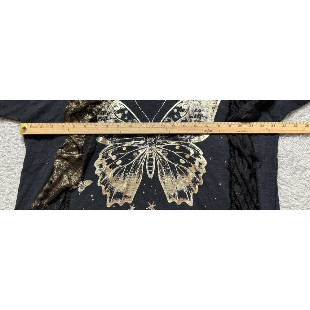 Anthropologie Pilcro Womens L Butterfly Tee Black Gold Lace Ruffle Boho Fairy - Picture 8 of 11